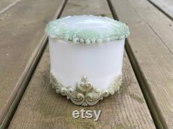 Antique Victorian Floral Green and Gold Painted Milk Glass Vanity Powder Jar Powder Box Trinket Dish Antique Dresser Tray Accessories