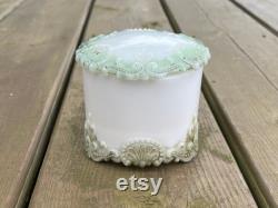 Antique Victorian Floral Green and Gold Painted Milk Glass Vanity Powder Jar Powder Box Trinket Dish Antique Dresser Tray Accessories