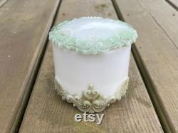 Antique Victorian Floral Green and Gold Painted Milk Glass Vanity Powder Jar Powder Box Trinket Dish Antique Dresser Tray Accessories