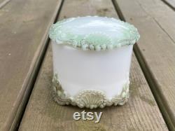 Antique Victorian Floral Green and Gold Painted Milk Glass Vanity Powder Jar Powder Box Trinket Dish Antique Dresser Tray Accessories