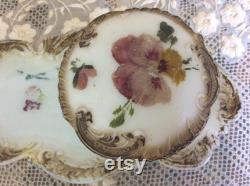 Antique Victorian Milk Glass Vanity Tray and Powder Box, Hand Painted Pansies