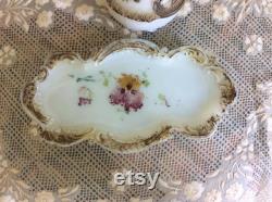 Antique Victorian Milk Glass Vanity Tray and Powder Box, Hand Painted Pansies