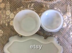 Antique Victorian Milk Glass Vanity Tray and Powder Box, Hand Painted Pansies