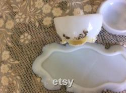 Antique Victorian Milk Glass Vanity Tray and Powder Box, Hand Painted Pansies