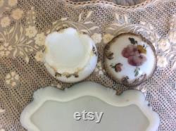 Antique Victorian Milk Glass Vanity Tray and Powder Box, Hand Painted Pansies