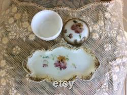 Antique Victorian Milk Glass Vanity Tray and Powder Box, Hand Painted Pansies