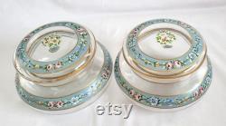 Antique Victorian Pair of Enamel Floral Roses Clear Glass Powder Jars