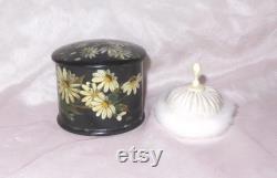 Antique Victorian Paper Papier Mache Powder Vanity Dresser Box Daisies Butterfly and Swans Down Powder Puff Houppe with Celluloid Handle