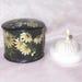 Antique Victorian Paper Papier Mache Powder Vanity Dresser Box Daisies Butterfly and Swans Down Powder Puff Houppe with Celluloid Handle