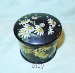 Antique Victorian Paper Papier Mache Powder Vanity Dresser Box Daisies Butterfly and Swans Down Powder Puff Houppe with Celluloid Handle