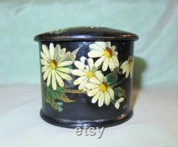Antique Victorian Paper Papier Mache Powder Vanity Dresser Box Daisies Butterfly and Swans Down Powder Puff Houppe with Celluloid Handle