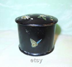 Antique Victorian Paper Papier Mache Powder Vanity Dresser Box Daisies Butterfly and Swans Down Powder Puff Houppe with Celluloid Handle