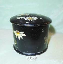 Antique Victorian Paper Papier Mache Powder Vanity Dresser Box Daisies Butterfly and Swans Down Powder Puff Houppe with Celluloid Handle