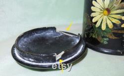Antique Victorian Paper Papier Mache Powder Vanity Dresser Box Daisies Butterfly and Swans Down Powder Puff Houppe with Celluloid Handle