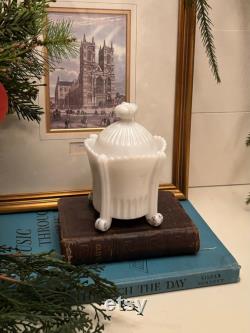 Antique Victorian Pressed Milk Glass Vanity Jar with Sculptural Royal Crown Handle Ca. 1900-19108
