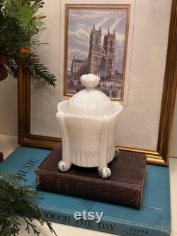 Antique Victorian Pressed Milk Glass Vanity Jar with Sculptural Royal Crown Handle Ca. 1900-19108