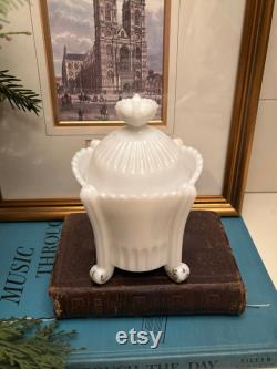 Antique Victorian Pressed Milk Glass Vanity Jar with Sculptural Royal Crown Handle Ca. 1900-19108