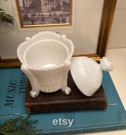 Antique Victorian Pressed Milk Glass Vanity Jar with Sculptural Royal Crown Handle Ca. 1900-19108
