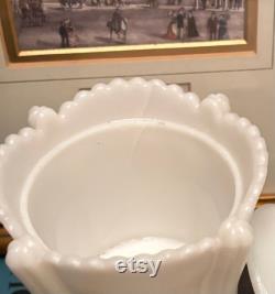 Antique Victorian Pressed Milk Glass Vanity Jar with Sculptural Royal Crown Handle Ca. 1900-19108