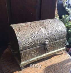 Antique Victorian Treasure Chest Trinket Box Jewelry Casket Wood Tin Red Velvet