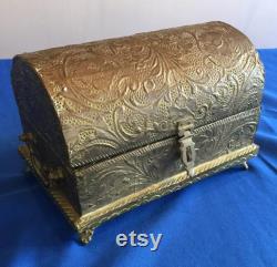 Antique Victorian Treasure Chest Trinket Box Jewelry Casket Wood Tin Red Velvet