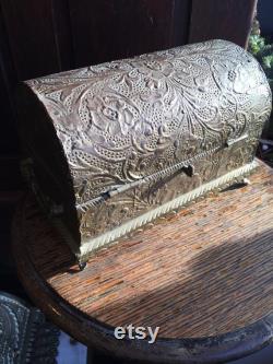 Antique Victorian Treasure Chest Trinket Box Jewelry Casket Wood Tin Red Velvet