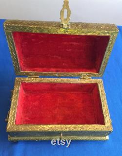 Antique Victorian Treasure Chest Trinket Box Jewelry Casket Wood Tin Red Velvet