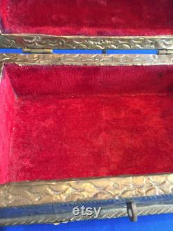 Antique Victorian Treasure Chest Trinket Box Jewelry Casket Wood Tin Red Velvet