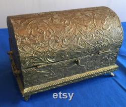 Antique Victorian Treasure Chest Trinket Box Jewelry Casket Wood Tin Red Velvet