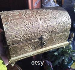 Antique Victorian Treasure Chest Trinket Box Jewelry Casket Wood Tin Red Velvet