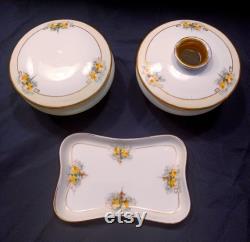 Antique Vienna Austria Vanity Set, Hand Painted Floral Hair Receiver, Trinket Dish, Signed Cloutier