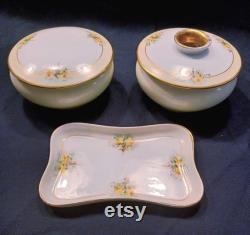 Antique Vienna Austria Vanity Set, Hand Painted Floral Hair Receiver, Trinket Dish, Signed Cloutier