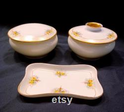 Antique Vienna Austria Vanity Set, Hand Painted Floral Hair Receiver, Trinket Dish, Signed Cloutier