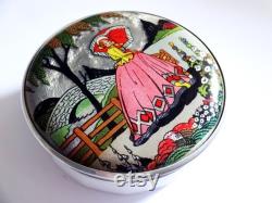 Antique Vintage Art Deco 1930s Gwenda Faux Butterly wing Foil Crinoline Lady Milk Glass Powder Bowl Powder Jar