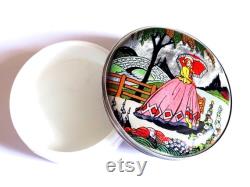 Antique Vintage Art Deco 1930s Gwenda Faux Butterly wing Foil Crinoline Lady Milk Glass Powder Bowl Powder Jar