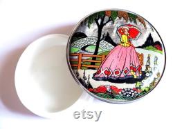 Antique Vintage Art Deco 1930s Gwenda Faux Butterly wing Foil Crinoline Lady Milk Glass Powder Bowl Powder Jar