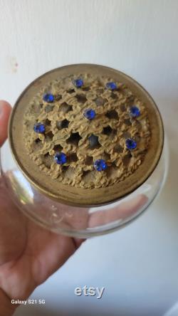 Antique Vintage Dresser Powder Jar Box With Blue Stones On Lid Beautiful