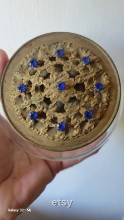 Antique Vintage Dresser Powder Jar Box With Blue Stones On Lid Beautiful