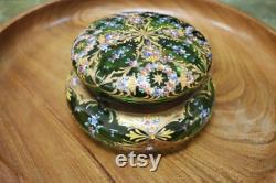 Antique Vintage Moser Green Glass Hand-Painted Hinged Powder Jar