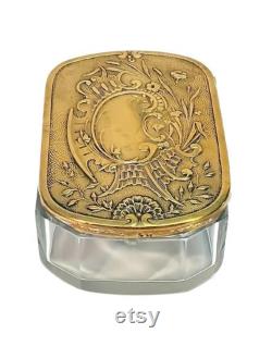 Antique WMF Vanity Jar Victorian Cut Crystal 1880s Brass Lid Soap Dish Trinket Box Rococo