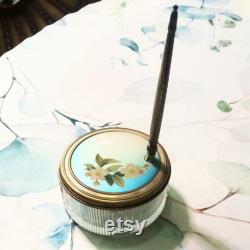 Antique art deco vanity powder jar with brass handled mirror lid