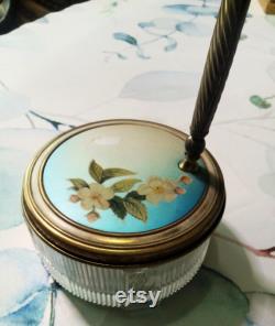 Antique art deco vanity powder jar with brass handled mirror lid