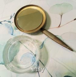 Antique art deco vanity powder jar with brass handled mirror lid