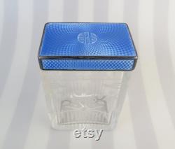 Antique blue guilloché sterling silver ( 1929 London England Goldsmiths and Silversmiths Co ) floral etched crystal vanity dresser jar