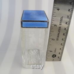 Antique blue guilloché sterling silver ( 1929 London England Goldsmiths and Silversmiths Co ) floral etched crystal vanity dresser jar