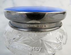 Antique blue guilloche sterling silver ( 1931 Birmingham England ) covered art deco cut glass vanity dresser jar