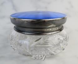 Antique blue guilloche sterling silver ( 1931 Birmingham England ) covered art deco cut glass vanity dresser jar