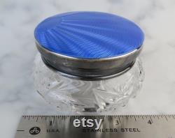 Antique blue guilloche sterling silver ( 1931 Birmingham England ) covered art deco cut glass vanity dresser jar
