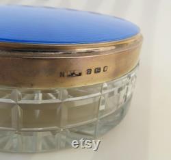 Antique blue guilloché sterling silver with gold vermeil (1939 London England) covered cut glass vanity dresser jar