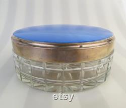 Antique blue guilloché sterling silver with gold vermeil (1939 London England) covered cut glass vanity dresser jar